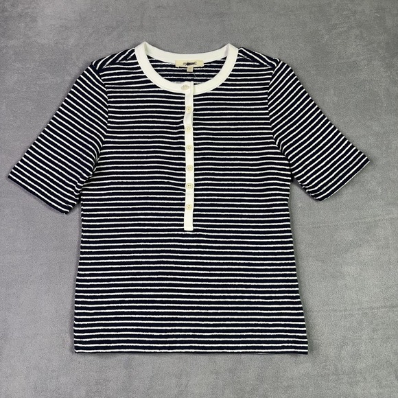 Madewell Top Womens XS Navy White Striped Henley Elbow Sleeve Cotton Knit Tee - Picture 2 of 9